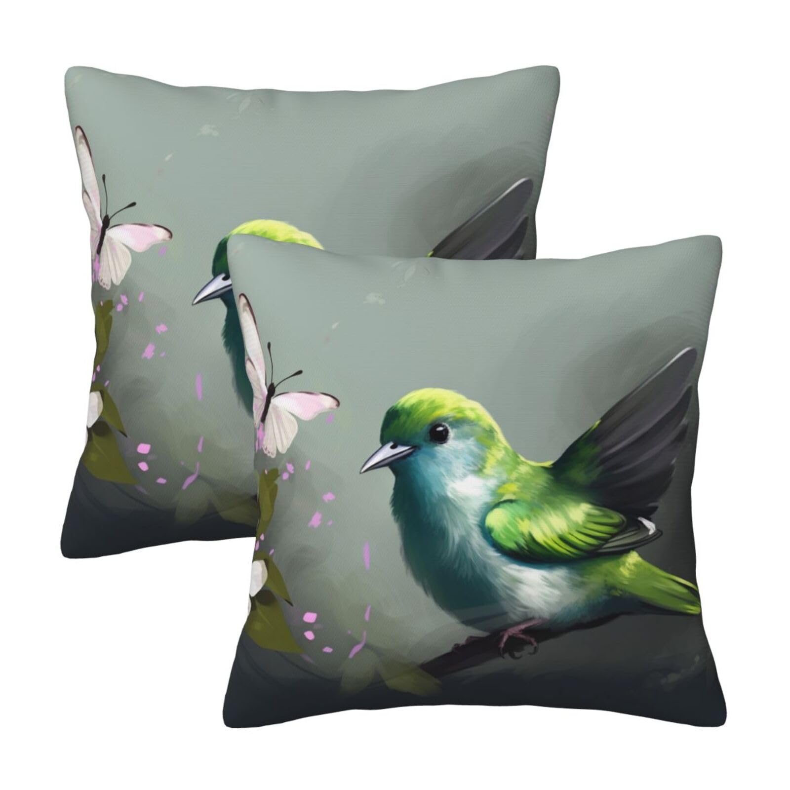 Green bird Throw Pillow Cases 2 Pack Square Pillowcases Soft Pillow Protectors for Couch Livingroom Sofa Bed Office Car,30x30 CM