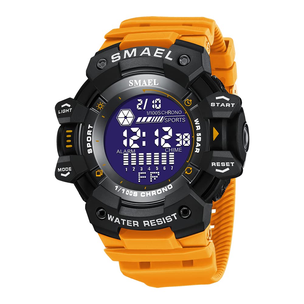 AIMESMens Military Multifunction Digital LED Watch Electronic Waterproof Orange Sport Watch Alarm Countdown Wristwatch