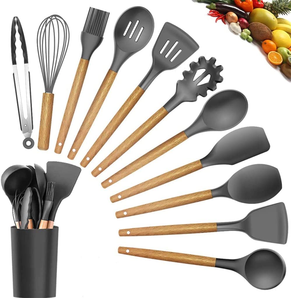 MYUYEE Kitchen Utensils Set,Cooking Utensil Set Wooden Handle Spatula Soup Spoon Colander Non-Stick Cookware Kitchen Tools