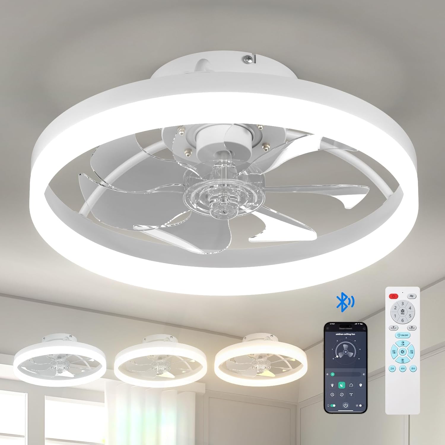 addlon Low Profile Ceiling Fan with Light and Remote, 16 Inch Small Ceiling Fans with Lights, Flush Mount Ceiling Fan, Reversible, 3CCT, Dimmable, Quiet, Modern Bladeless Ceiling Fan for Bedroom,White