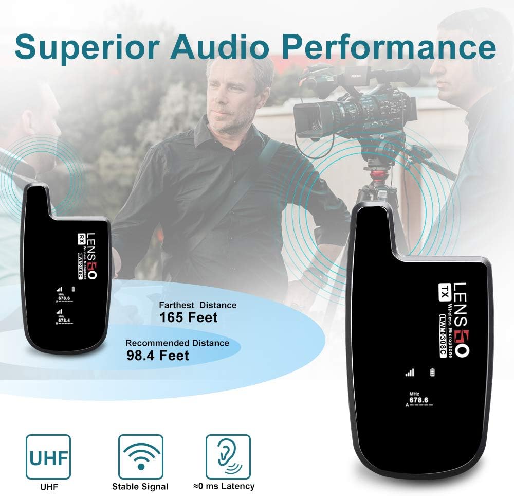 LENSGO Wireless Lavalier Microphone System, LWM-308C 30-Channel UHF Professional Omnidirectional Wireless Lapel Mic for Canon Nikon DSLR Camera Smartphone Camcorder Interview Video Recording (RX+TX)