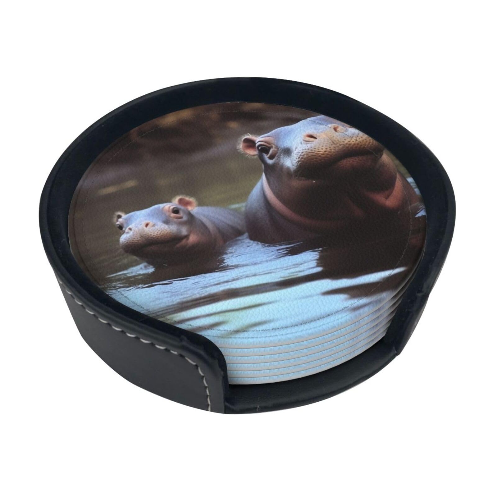 Fodpand White Hippos Drink Coasters Set Of 6 Leather Coasters With Holder Bar Beer Beverage Coaster For Drinks, Absorbent Cup Mat For Tabletop Protection, Housewarming Gift