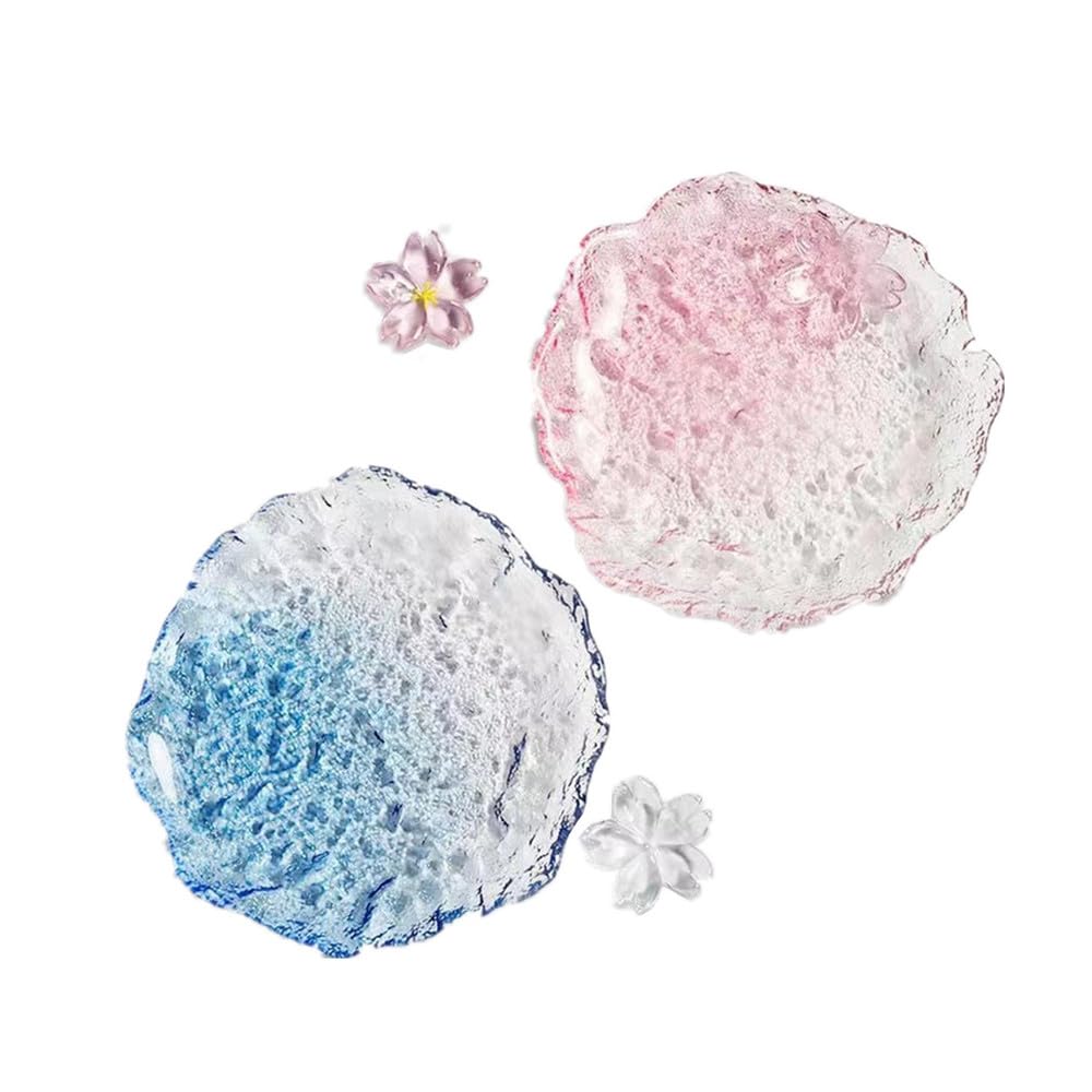 Crystal Glass Dessert Plates, Pink & Blue Clear Flower Snack Plate, 6 Inch Canape Plates for Appetizer, Ice Cream, Fruit, Salad Cake, Set of 2 Clear Glass Tableware, For Afternoon Tea, Wedding, Party