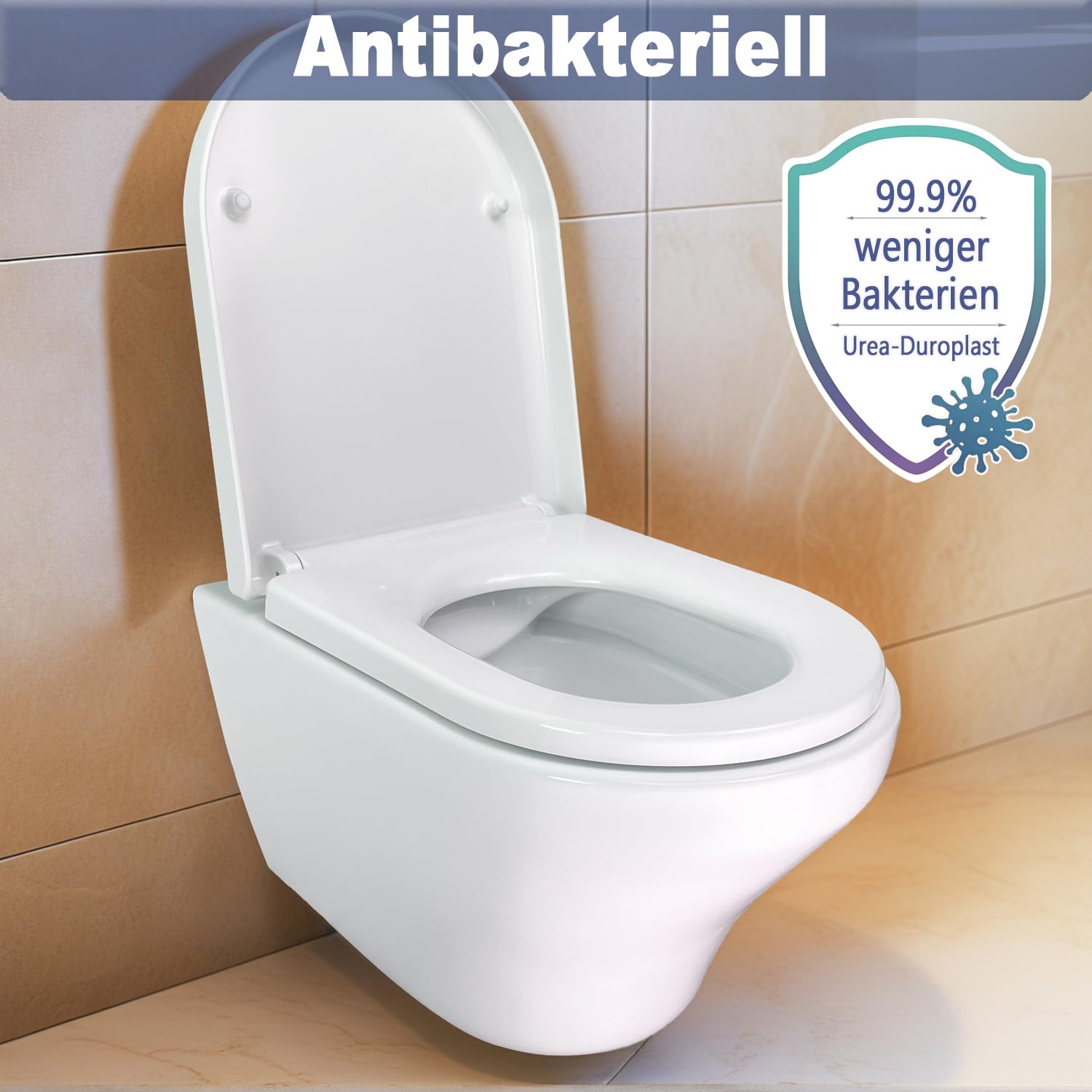 WC-Sitz Lang D-Form 36x46 cm, Absenkautomatik, Quick-Release, Weiß | Antibakterieller Duroplast-Toilettendeckel. Einfachen Reinigung. Hygienisch & abnehmbar. Montage leicht. bis 150 kg belastbar
