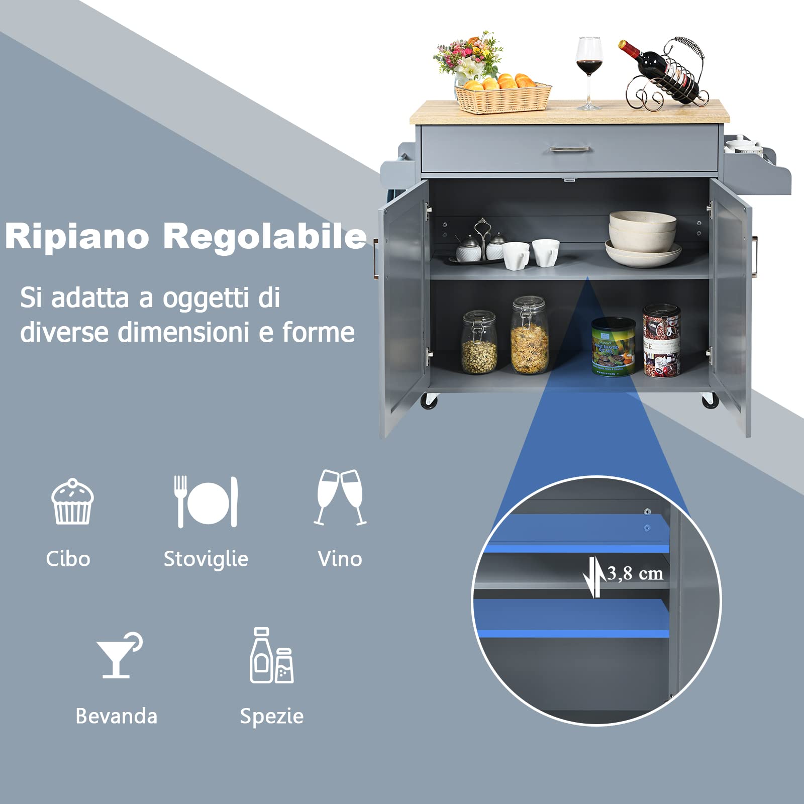 GYMAX Carrello Portata da Cucina, Armadietto a 2 Livelli, Ripiano Interno Regolabile, Credenze Mobili con Ruote, Ante Doppio, Cassetto, Portaposate, Portasciugamani, 116x40x85 cm, 5 Colori