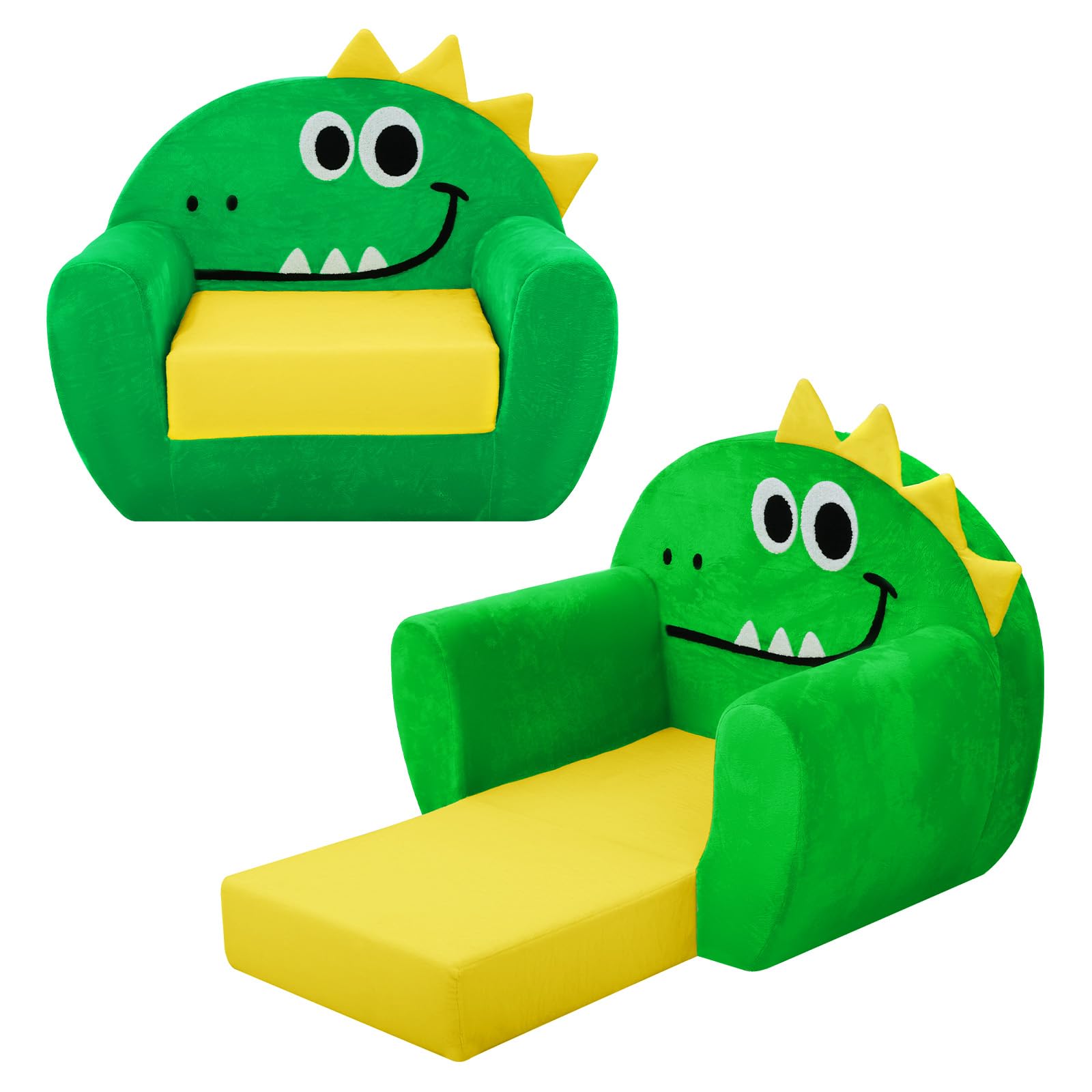 Poltroncina per Bambini 2-in-1,Cartoon Comodi Sedia Bambini,Morbido Letto Bambina per Soggiorno, Sala Giochi,Dinosauro Verde