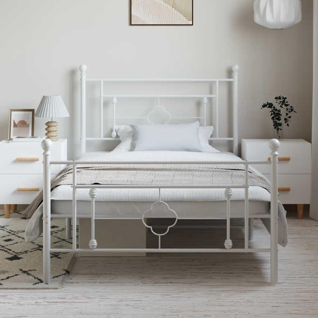 White Powder-Coated Steel Bed Frame 39.4x78.7 in Single Size Platform Frame with Slatted Foundation, Sturdy Durable Minimalist Bedroom Furniture for Mattress Support and Easy Assembly