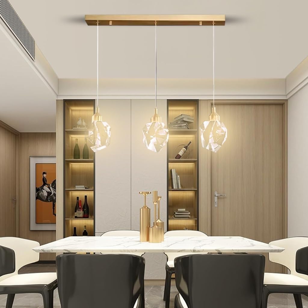 SHYHHTS LED Crystal Pendant Light Modern Crystal Chandelier 3-Light Dimmable Hanging Lamp With Golden Drop Design For Kitchen Island Dining Room Hallway Bathroom (Warm White Light)