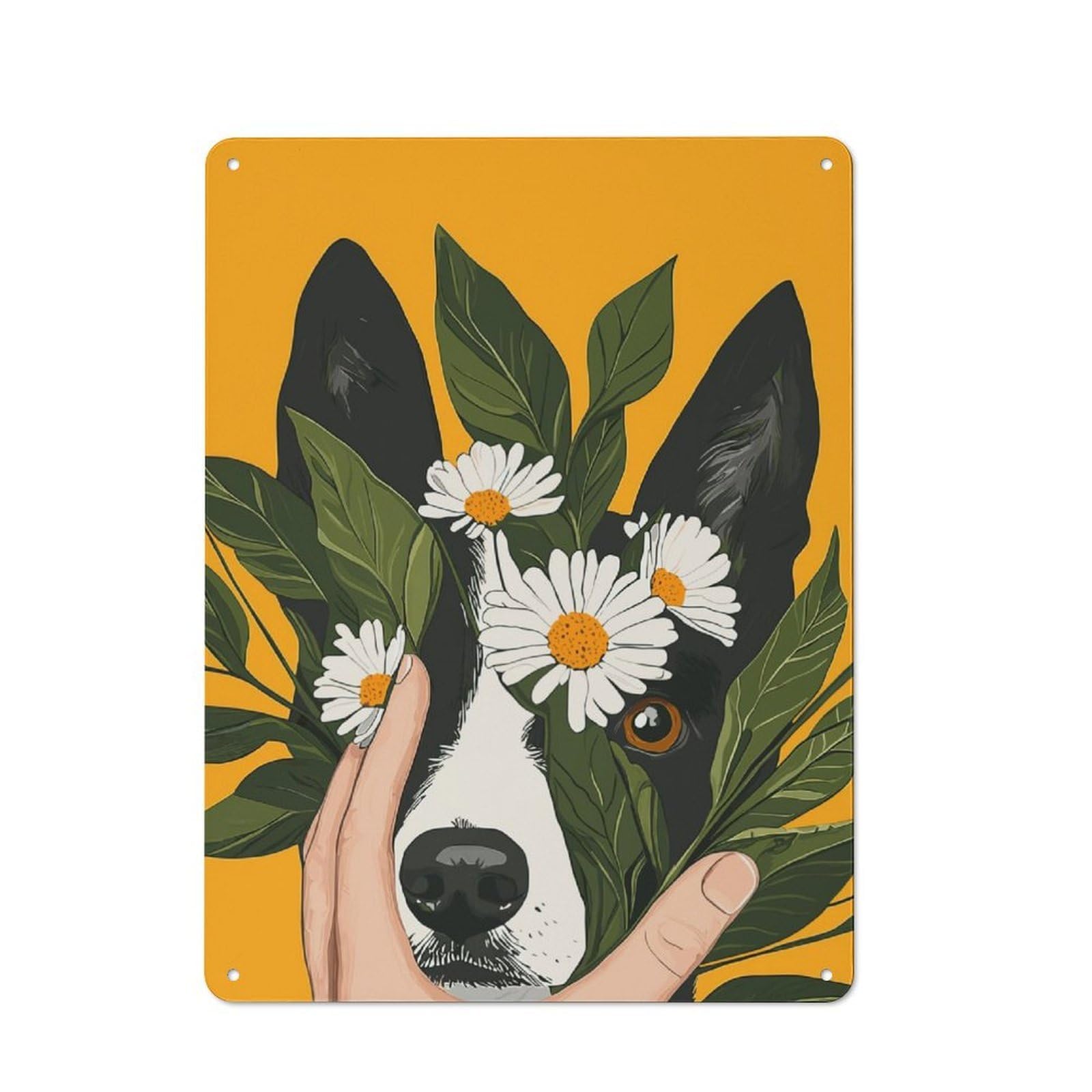 Junmoney Dog With Daisies Metal Wall Sign 40X30cm Featuring For Living Room Wall, For Decorating Living Rooms And Feature Walls