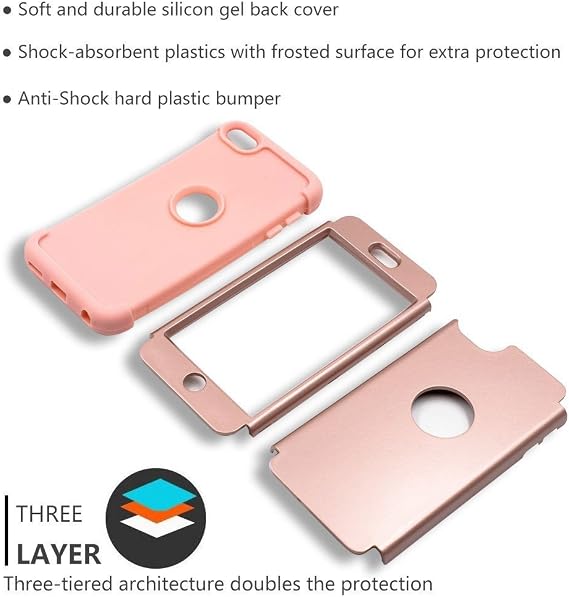 ULAK for iPod Touch 7th/6th/5th Generation Case, Rose Gold | Hybrid 3 Layer Soft Silicone Bumper Shockproof Hard PC Back Cover for iPod Touch 5/6/7