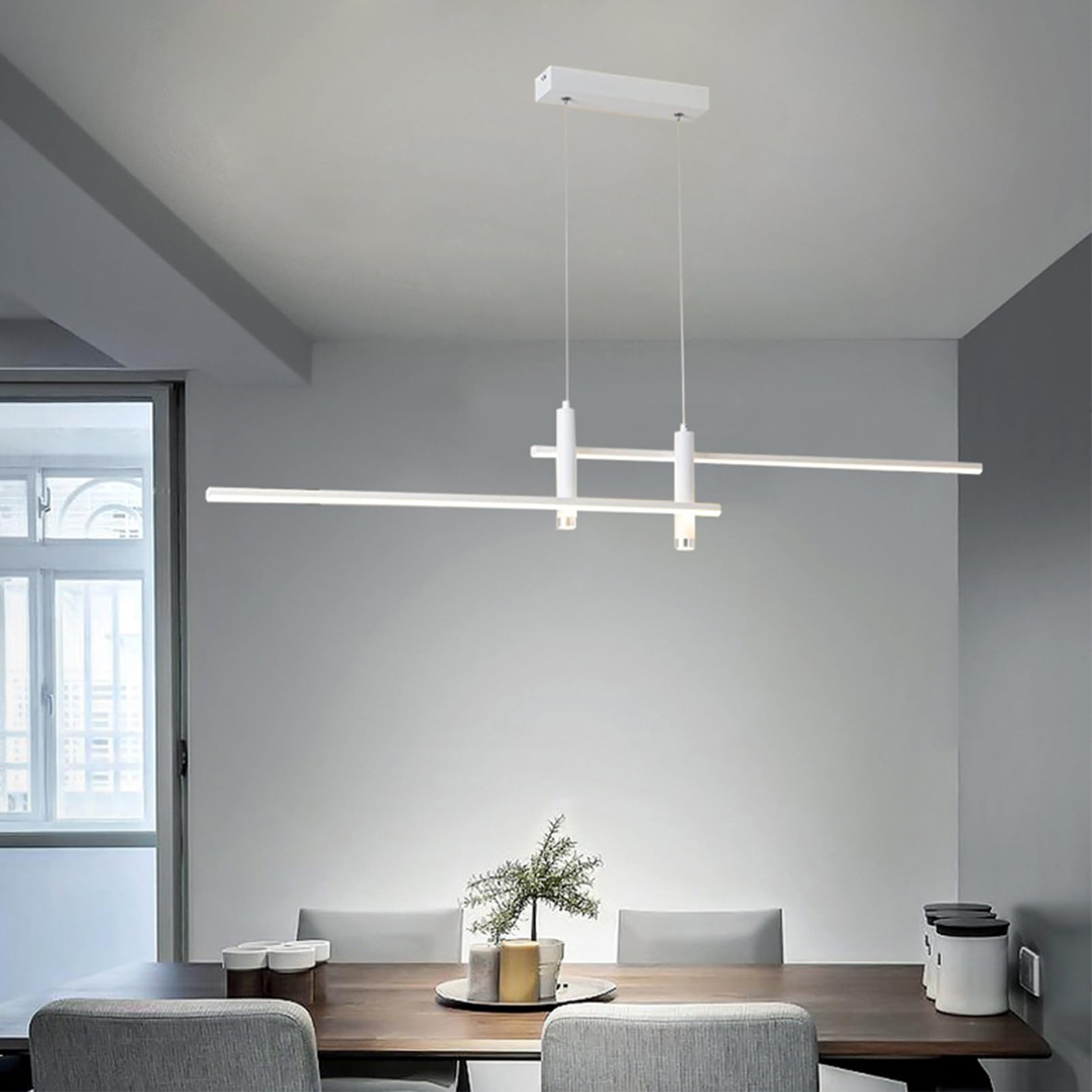 Modern Dining Table Pendant Light LED Dimmable Pendant Lamp Height Adjustable Chandelier with Remote Control Pendant Light Living Room Lamp Kitchen Dining Room Office Ceiling Light (White, L150cm)