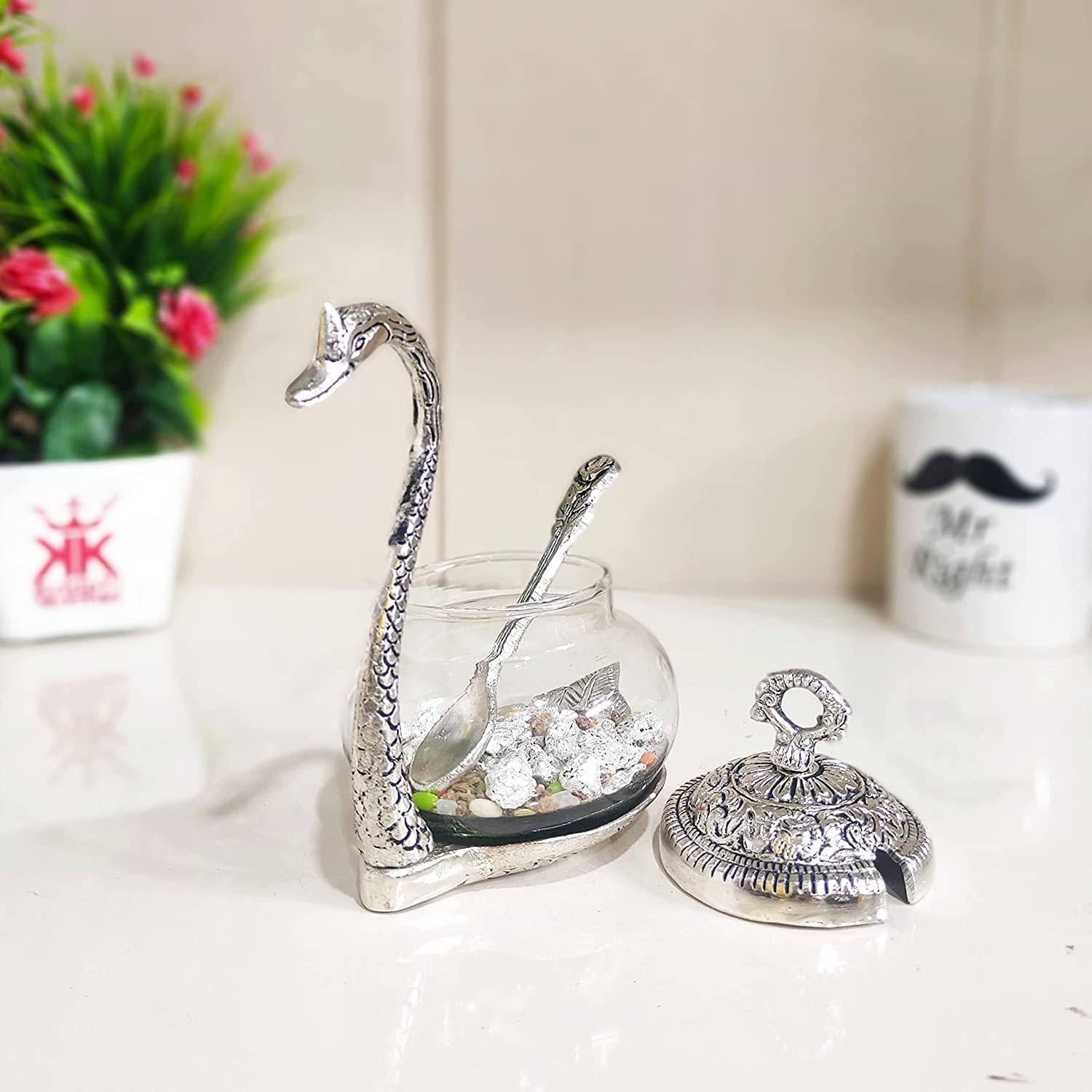 Handcrafted Duck Bowl with Spoon – Decorative Blue Glass Bowl Tray Set – Gold Finish Aluminum Figurine for Home, Office, Gift & Boho Décor Accent