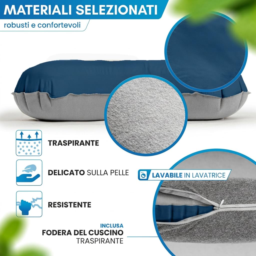 NORDMUT® Cuscino da Camping Gonfiabile [SoftSleep+] confortevole ultraleggero-piccolo ingombro – cuscino da viaggio gonfiabile con federa lavabile (Blu)