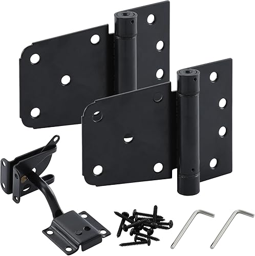 HOME MASTER HARDWARE Kit de puerta de cierre automático, color negro, bisagras en T de resorte de 3.5 pulgadas, paquete de 2 + pestillo de puerta