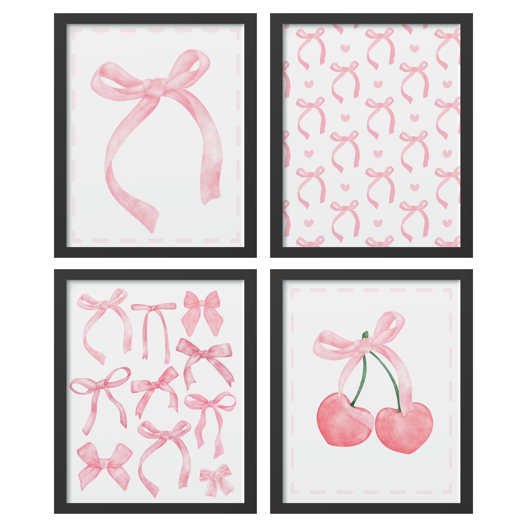 Hxlac Pink Bow Coquette Wall Art Prints Set of 4 Unframed - Pink Preppy Wall Decor, Coquette Preppy Aesthetic Bow Cherry T...