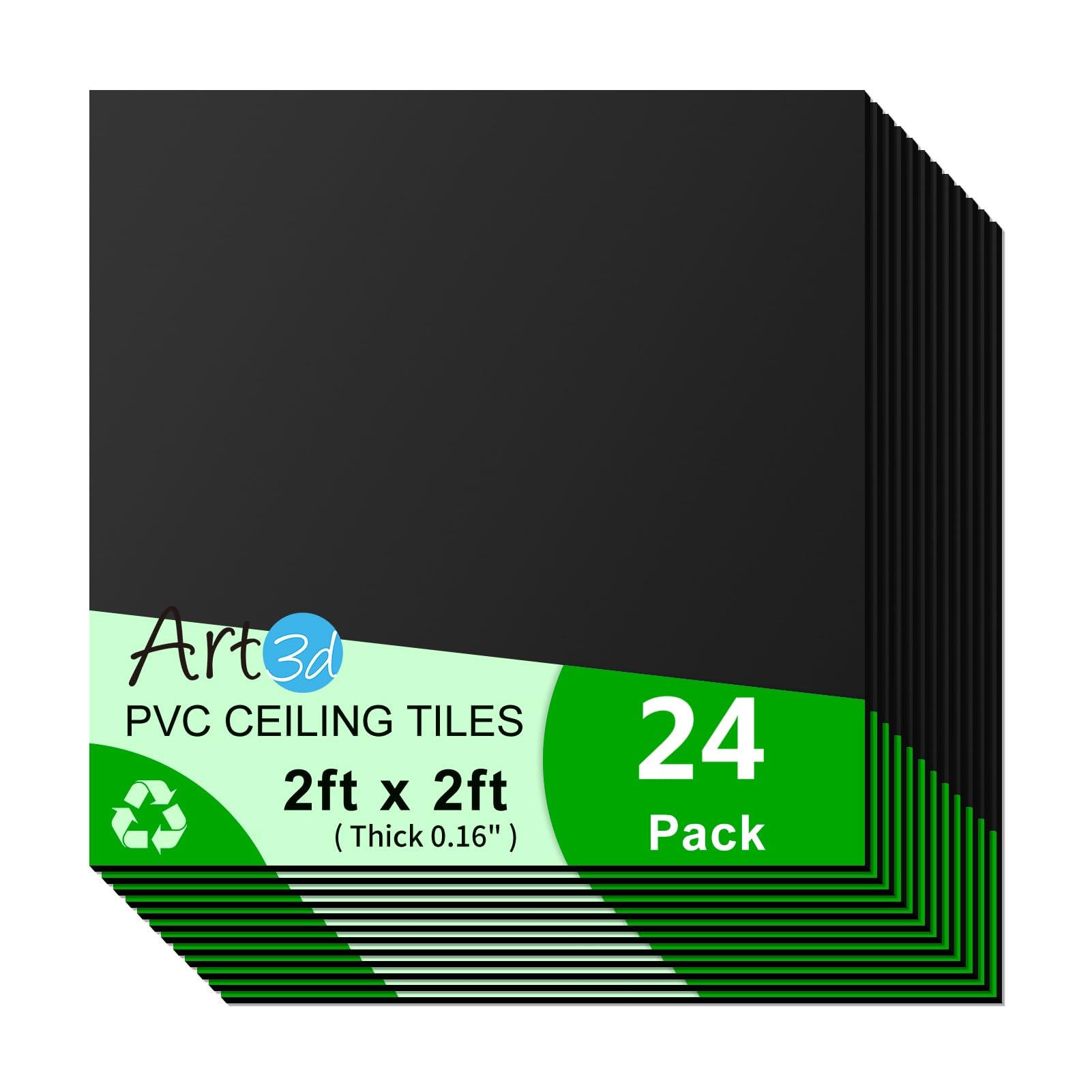 Art3d 24"x24" Smooth Drop Ceiling Tiles (48 Sq.Ft), 12-Pack 2ft x 2ft PVC Tiles for Home and Office, Waterproof and Reusable Plastic Ceiling, Black