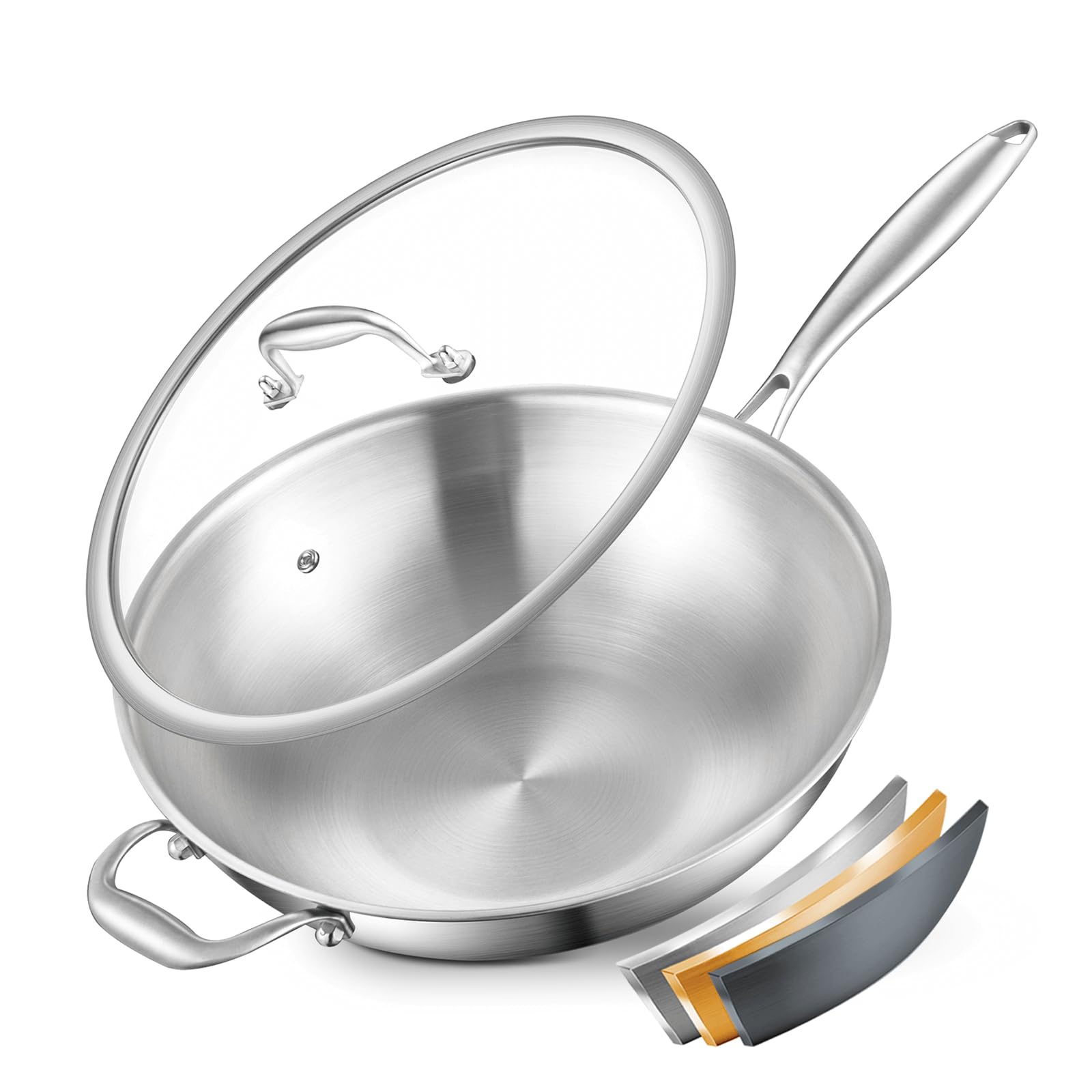 Nontoxicook Tri-Ply Stainless Steel Wok Pan, 33cm(13inch) Cooking Wok with Lid, with Side Ear, Wide & Deep Cookware Stir-Fry Pans, Oven Safe Up to 315℃, Works on Induction