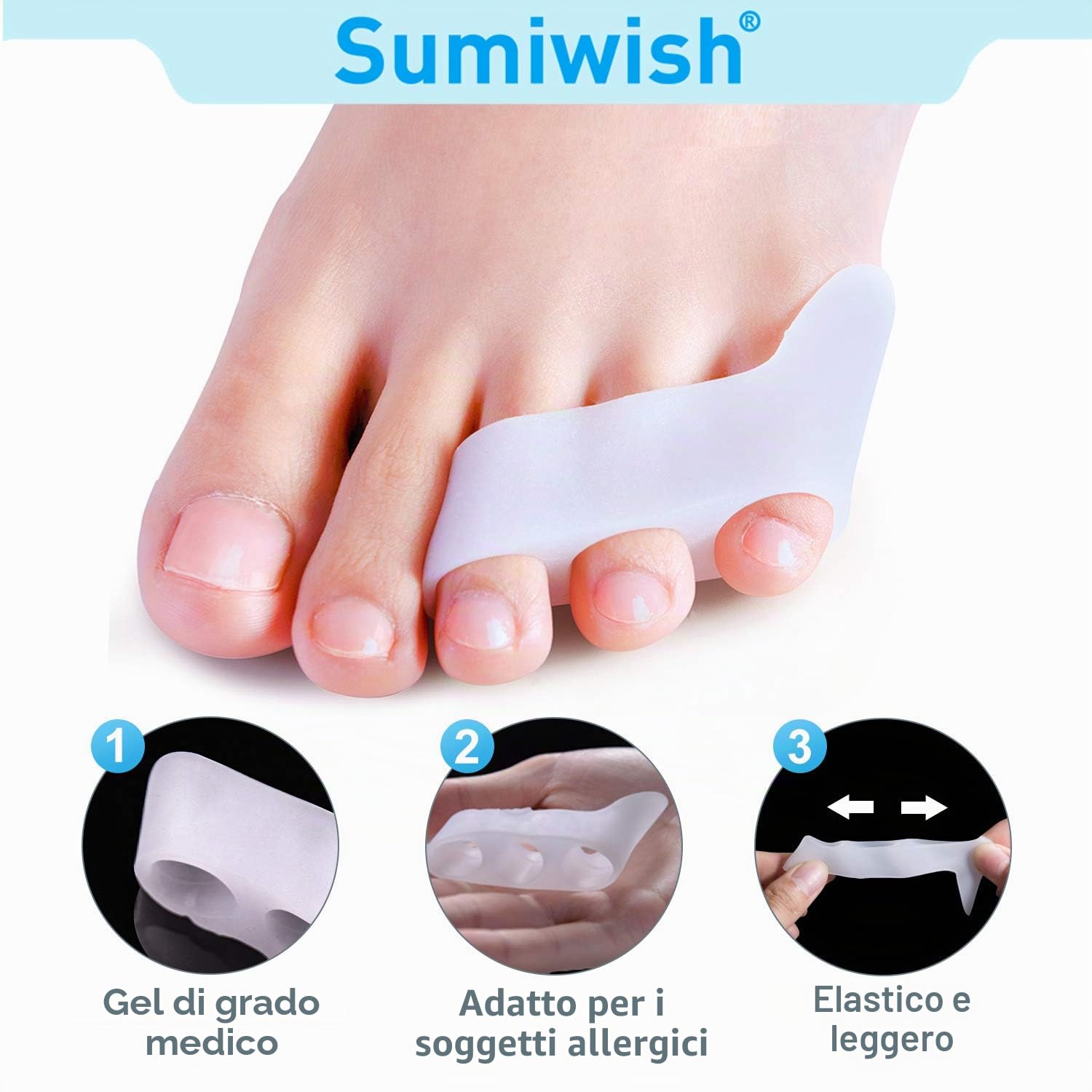 Sumiwish - Separatore per il mignolo, irrobustente a gel per dita del piede, cuscinetti per alluce valgo – 5 paia