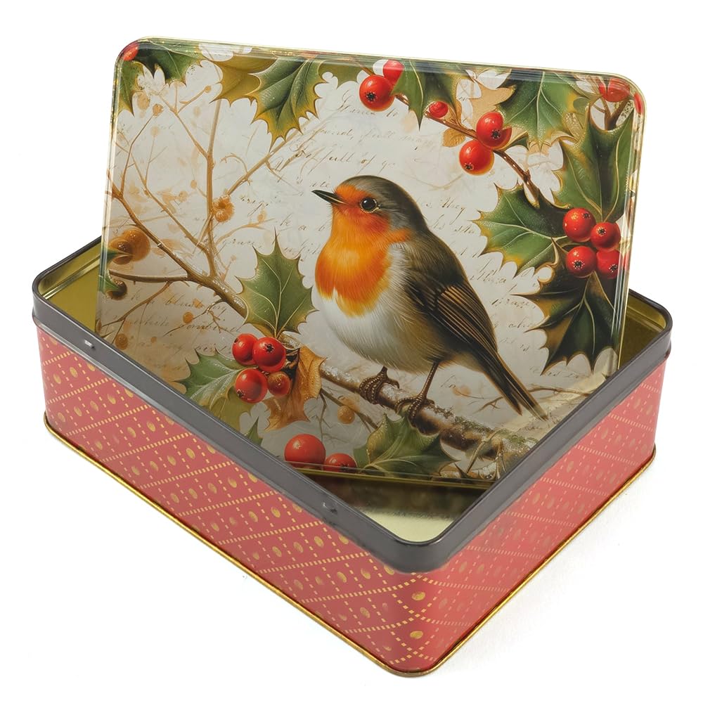 That's Crackers Traditional Christmas Robin | Deep Rectangular Tin | 19.5x15.5x7cm