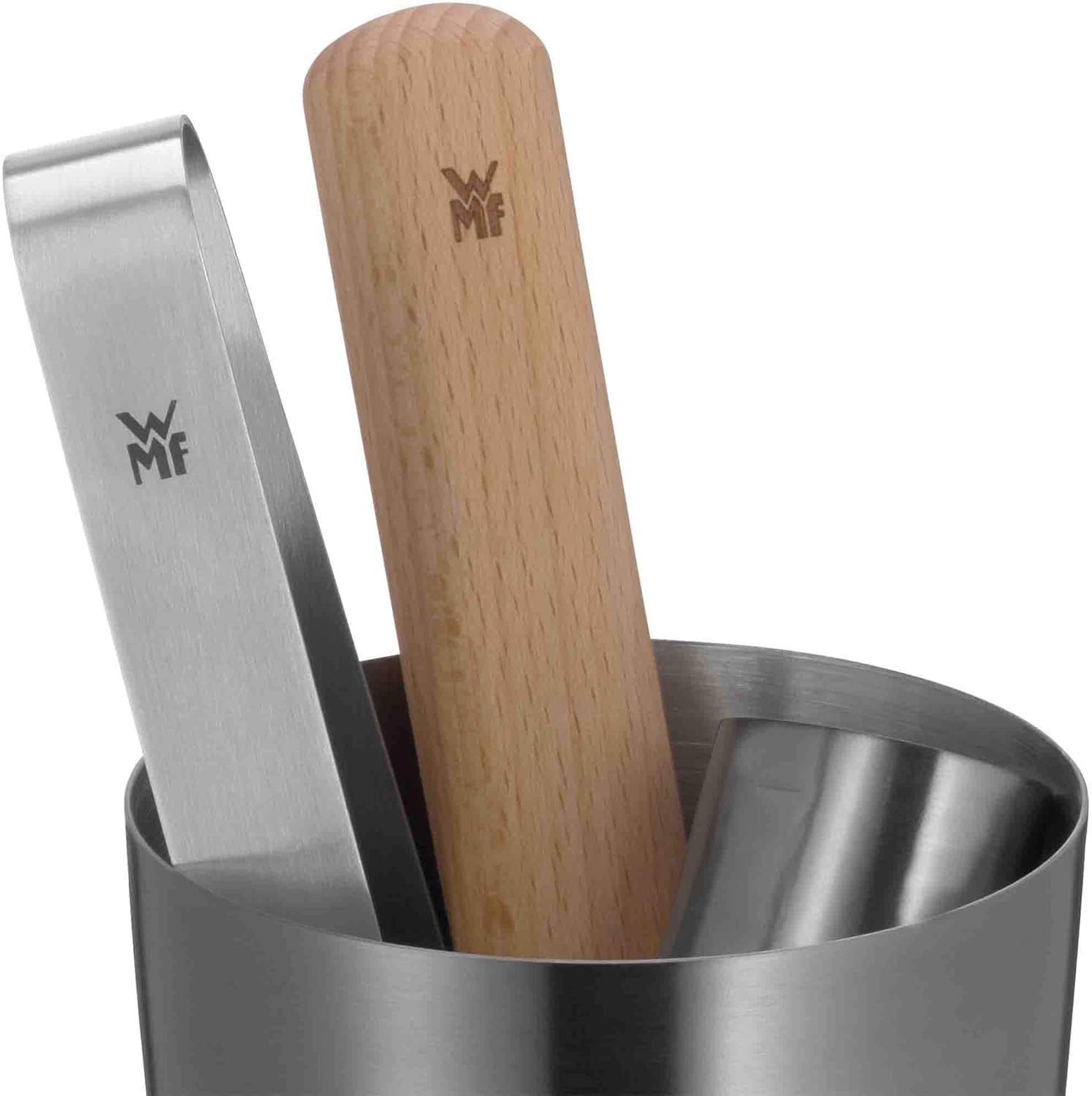 WMF Baric Cocktail Set 4 Pieces Bar Set with Stainless Steel Cocktail Shaker, Bar Measure, Ice Tongs, Wooden Muddler, Stowable in Each Other Gift Box