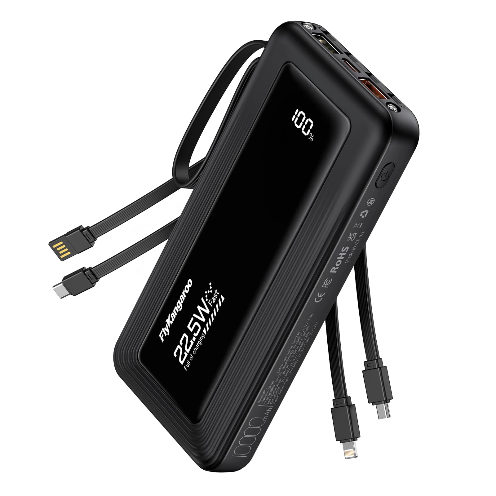 Cargador portátil con cables integrados, batería externa de 10000 mAh | 4 cables integrados, delgado, carga rápida de 22,5 W, pantalla LED USB C, 6 salidas y 2 entradas, linterna