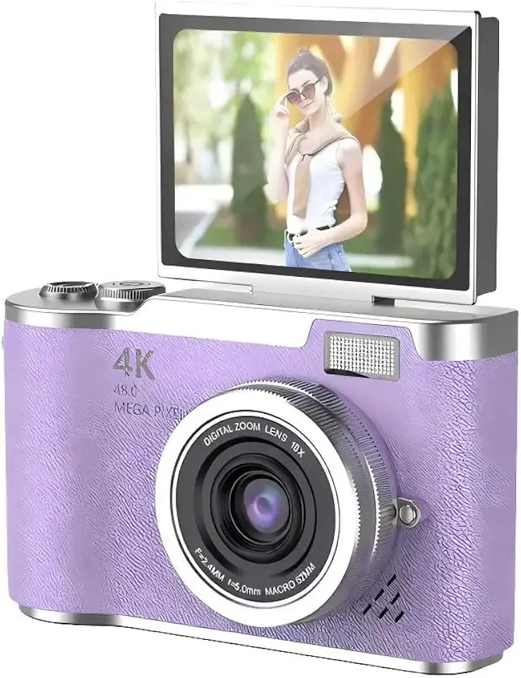 Câmera Digital 4K Ultra HD 48MP com Tela LCD Giratória 180°, Zoom Digital 8X, Flash LED, Bateria Recarregável – Ideal para Vlog, Selfie, Viagem e Iniciantes (Lilás)