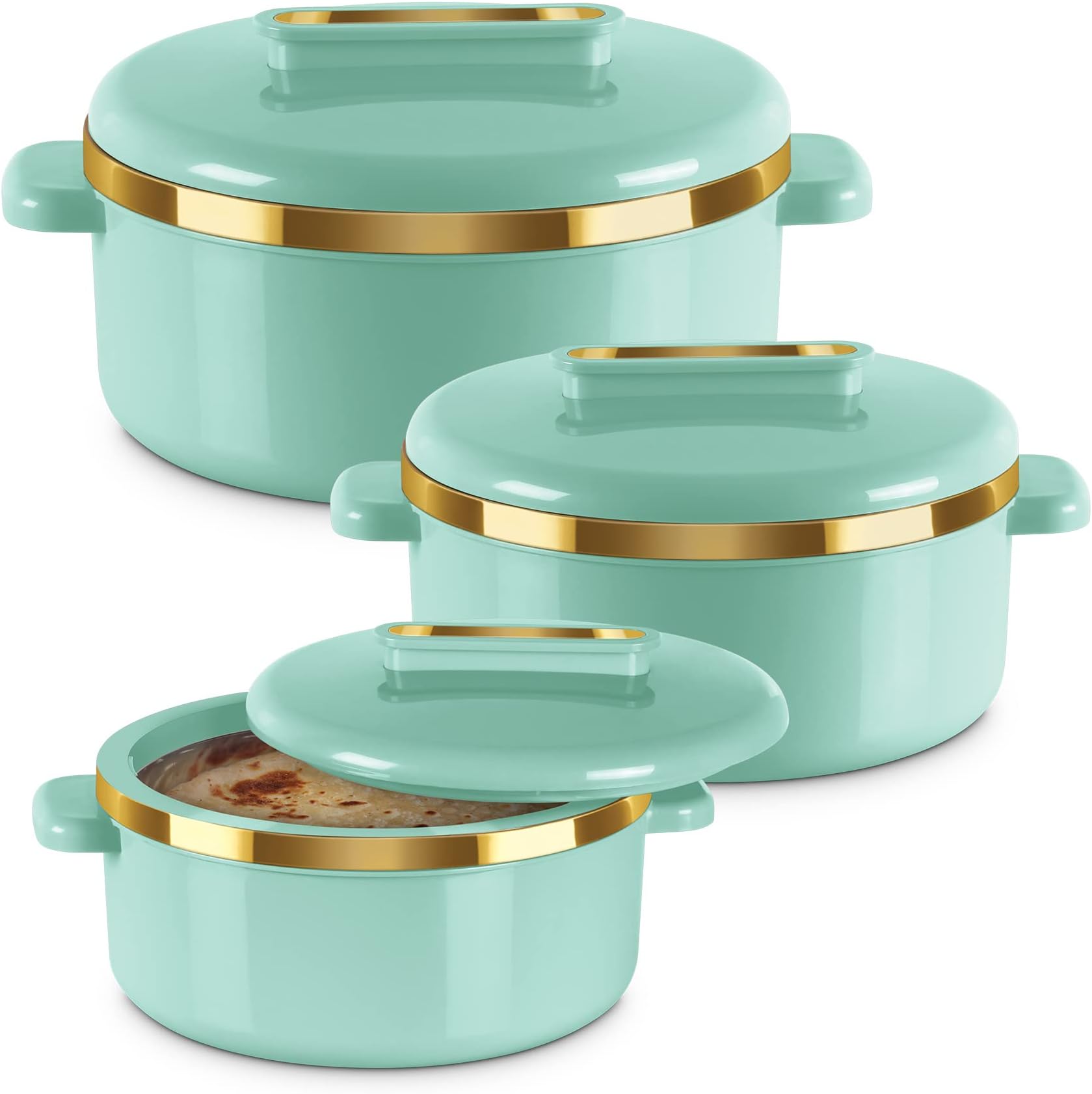 MILTON Curve Inner Stainless Steel Casserole Set of 3 (450 ml, 840 ml, 1300 ml), Light Green | BPA Free | Food Grade | Easy to Carry | Easy to Store | Chapati | Roti | Curd Maker