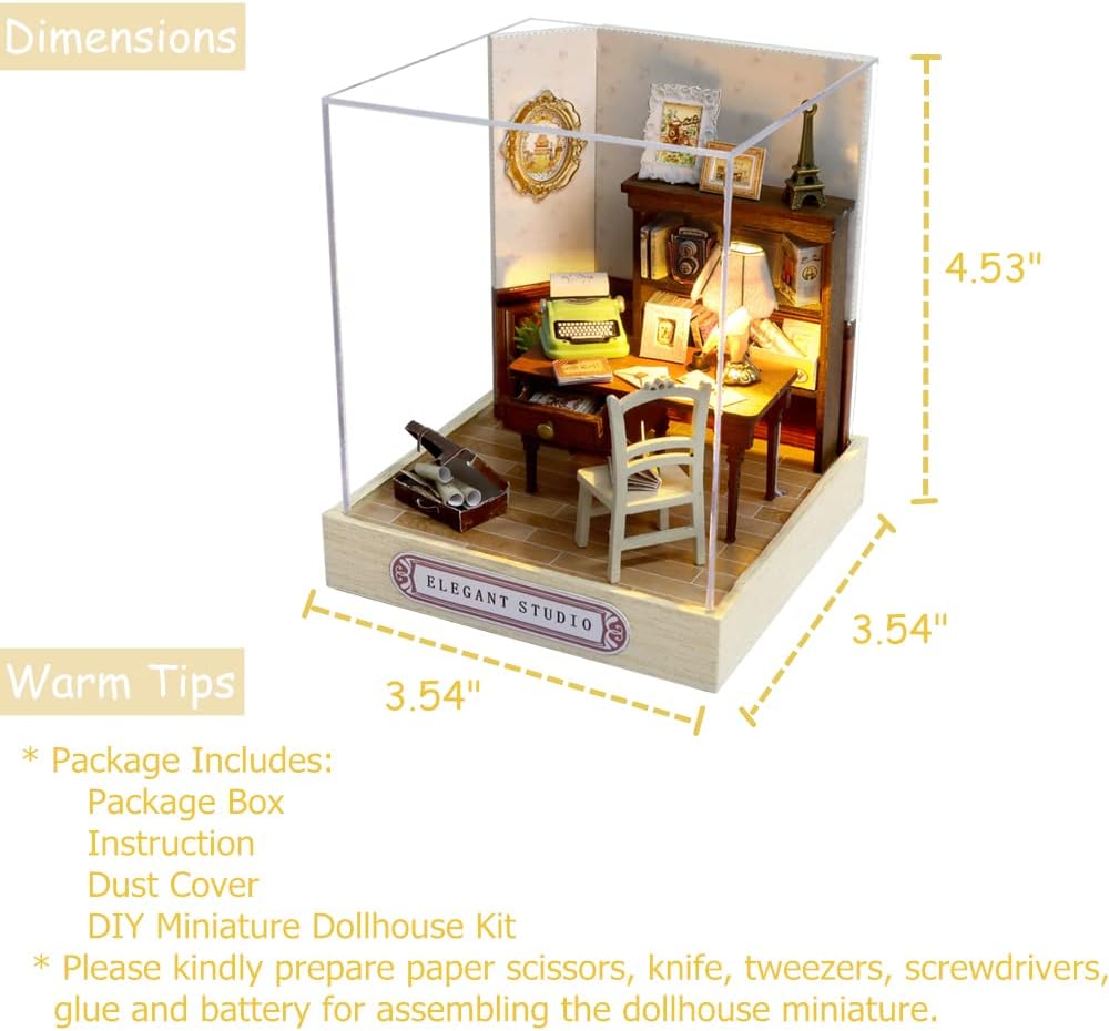TuKIIE Elegant Studio Dollhouse Kit Package Contents and Dimensions