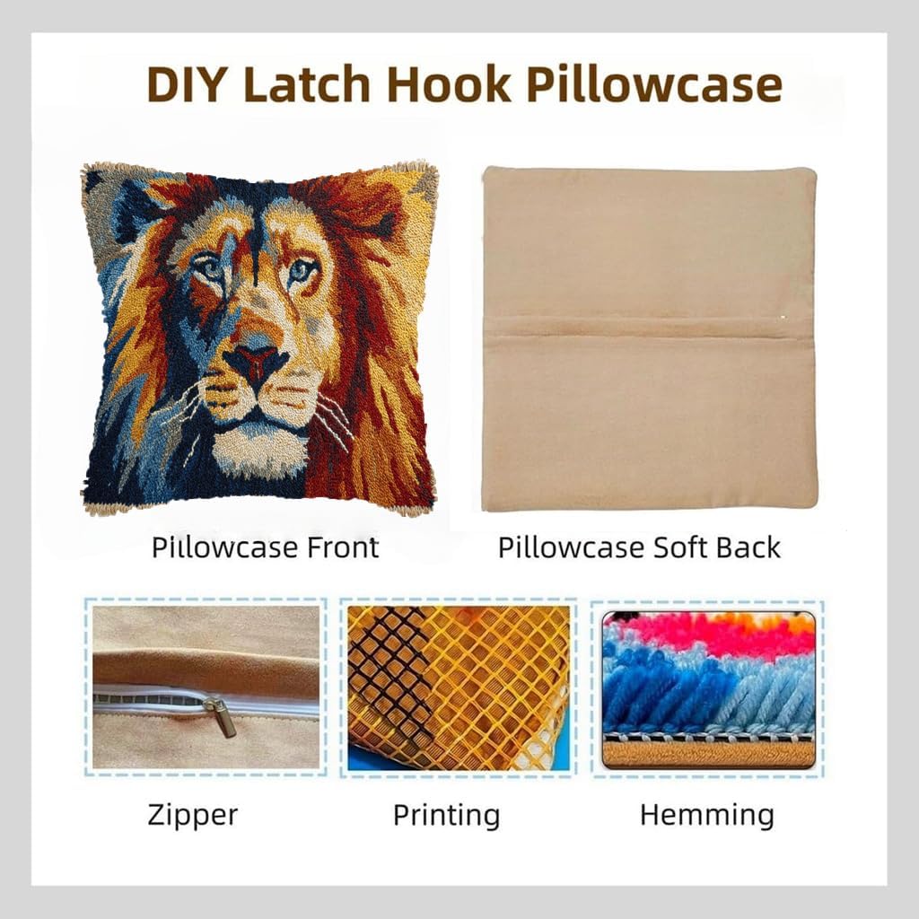DIY Latch Hook Pillow Kit Lion Zodiac Easy for Beginners Stamped Cushion 43x43cm Sofa Bedroom Decor Craft-3