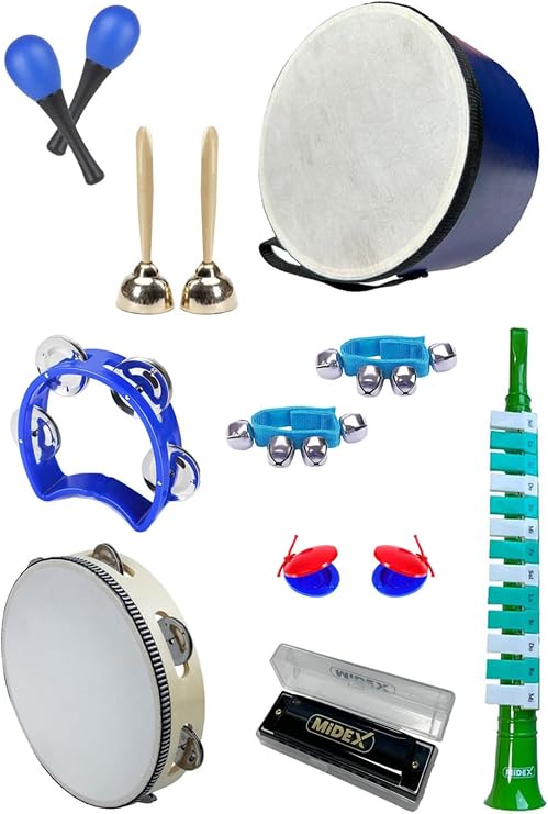 Midex Örf Aletleri Seti Median Paket-1 Maracas Zil Kastanyet Ritim Seti Mızıka Davul Tef (9 Parça)