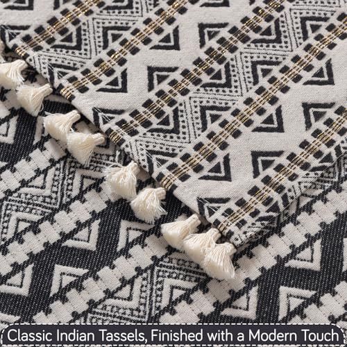 Image of HOKIPO L Shape (3+2 Seater) Sofa Cover Seat Mat | 300 GSM Cotton Acrylic Jacquard Fabric with Tassel, 'Trivana Series' Charcoal Black (IN-936+935-J6)