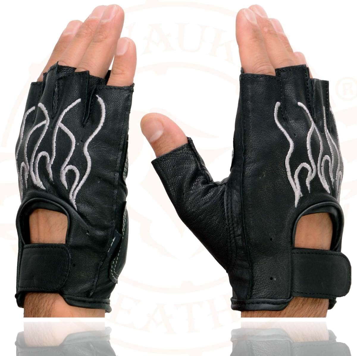 Milwaukee Leather SH198 Men's Black Leather Gel Padded Palm Fingerless Motorcycle Gloves w/Grey Flame Embroidery - X-Small