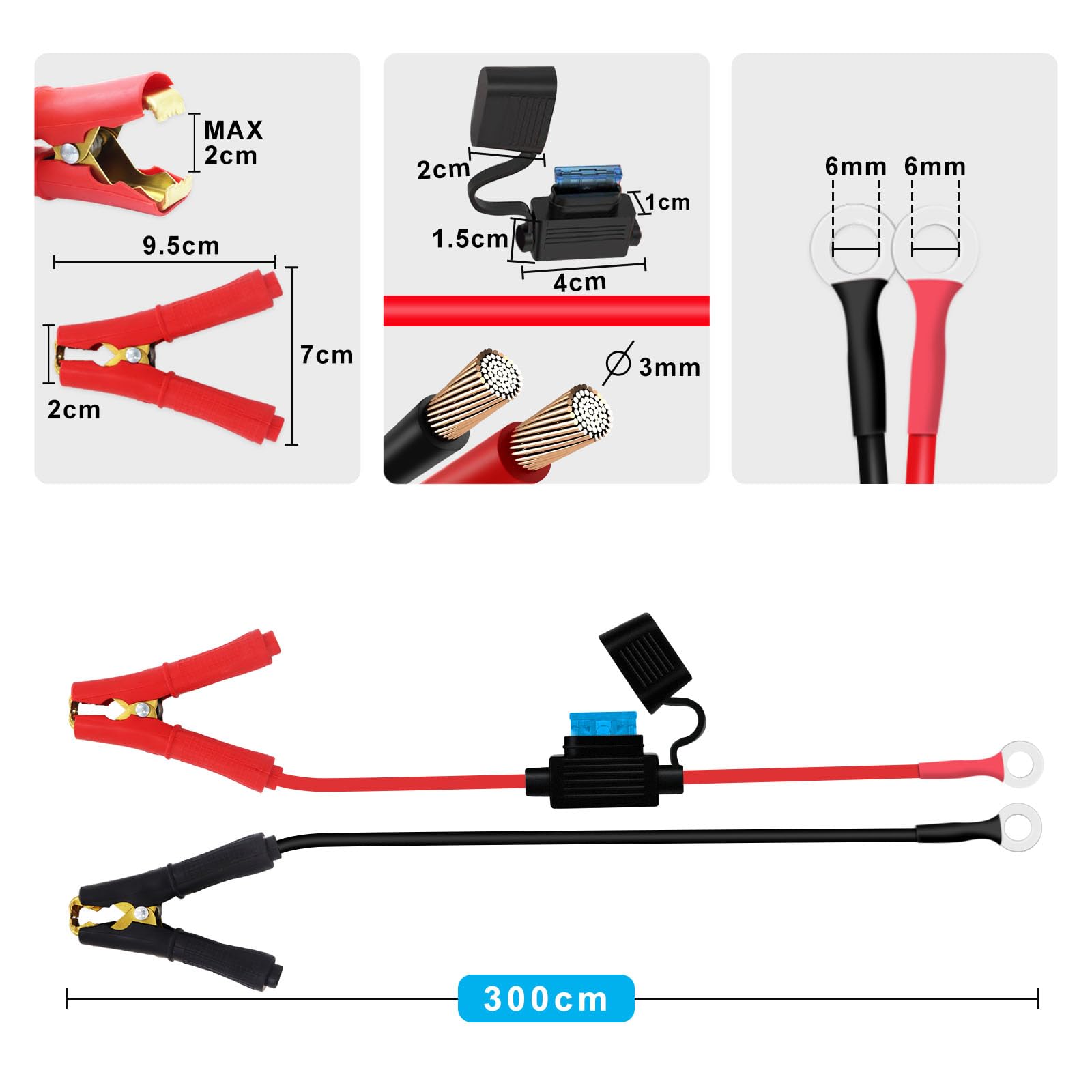 12AWG Batterie Alligator Clips à O Ring 8mm Batterie Câbles