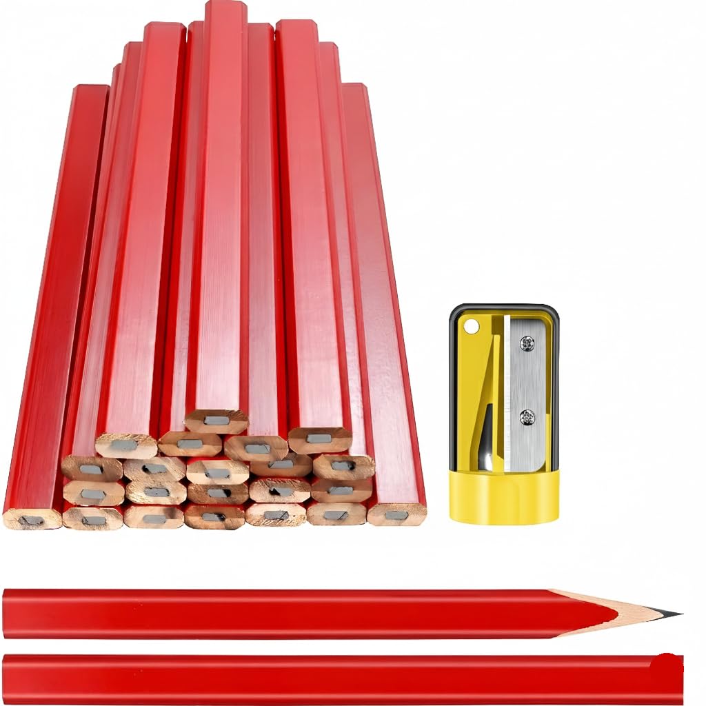Bexter Carpenter Pencil Set with Sharpeners – 20 Red Flat Woodworking Marking Tools + 2 Sharpeners for Construction, Carpentry, Framing & DIY — Amazon image 4