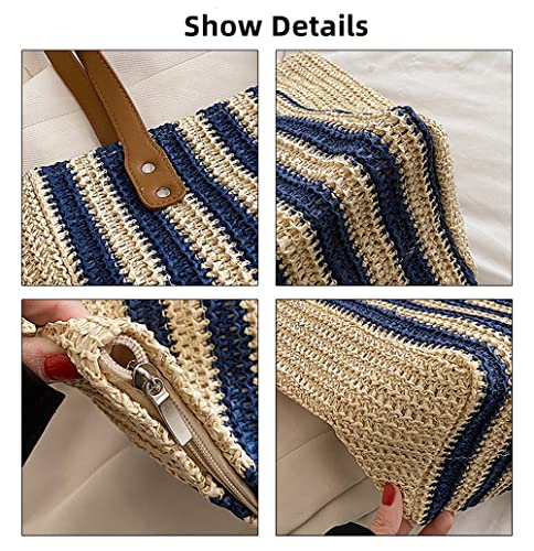 Women Summer Soft Straw Beach Stripe Bag Handwoven Big Tote Bag with Leather Shoulder Strap Handbag Shoulder Bag (Beige&Blue)3