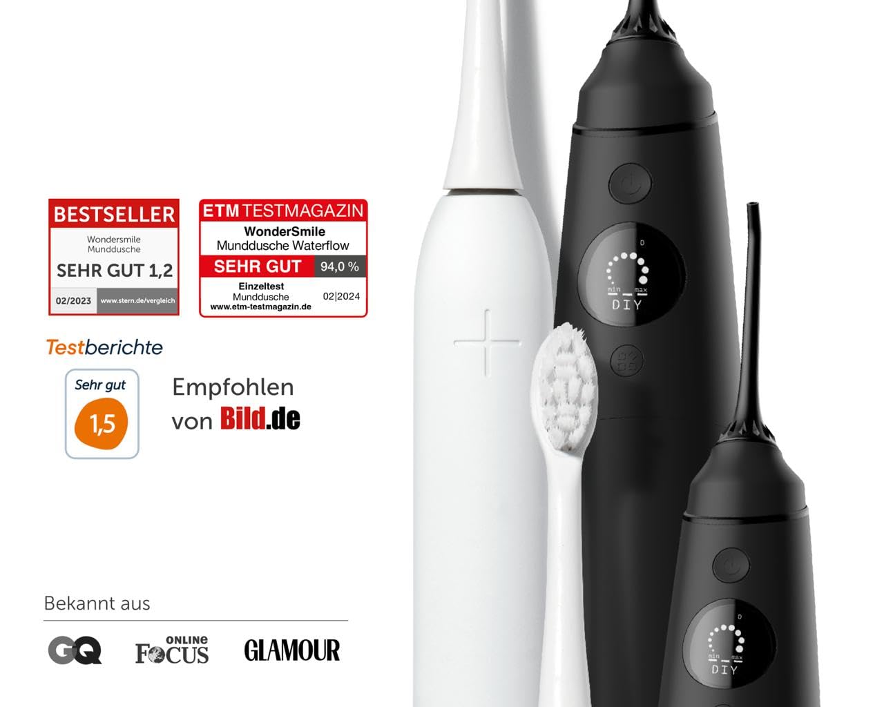 Uniquesmile Zahnaufhellung Whitening Strips Bundle mit Schallzahnbürste & Munddusche- Testsieger 2024-100 Tage risikofrei testen (40 Stück/Ultimate Black)