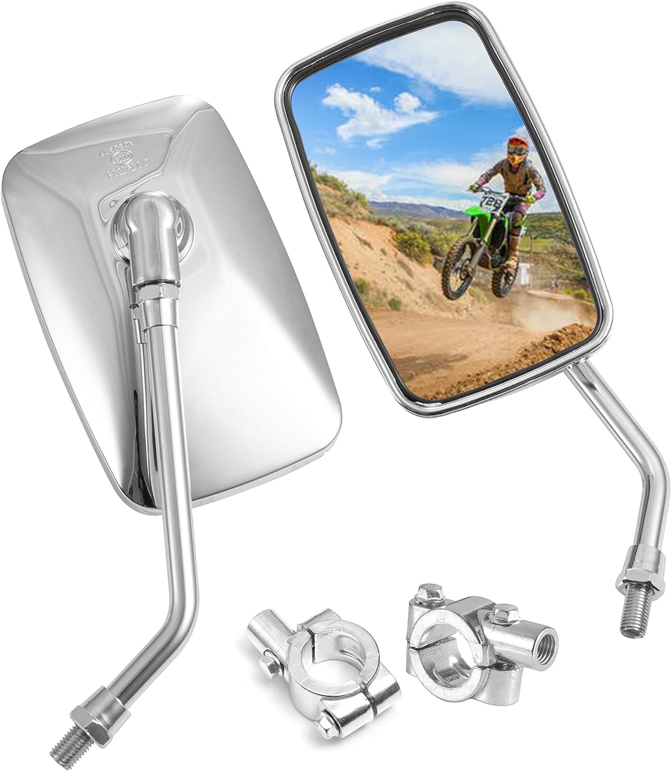 Universal 10mm 360°Rotation chrome rectangle motorcycle Mirrors for Harley, Aprilia, Kawasaki, Honda and Suzuki, silver, RM10002