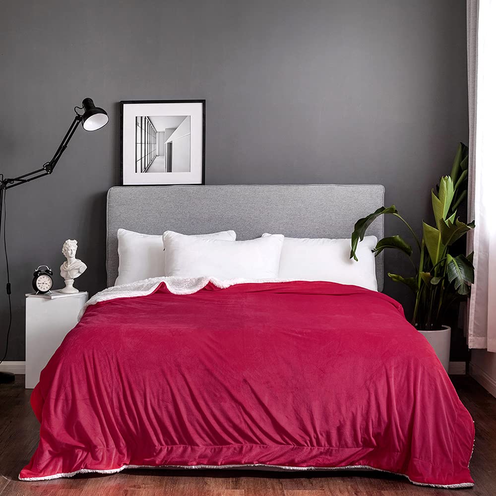 AIMS Lush Super Soft Blanket Faux Fur Shaggy Blanket with Crystal Fleece at back Cosy Fluffy Long Hair Fuzzy Throws for Sofa Couch & Bed Décor Double ply (Wine, 200 x 240cm)