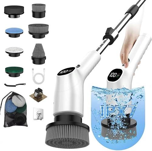 Electric Spin Scrubber, Cordless Shower Scrubber for Bathroom,Home | With Extendable Handle & LCD Display, 2-Speed, 7 Replaceable Brush Heads, 90-Min Runtime, for Bathtub, Kitchen, Tile Floors