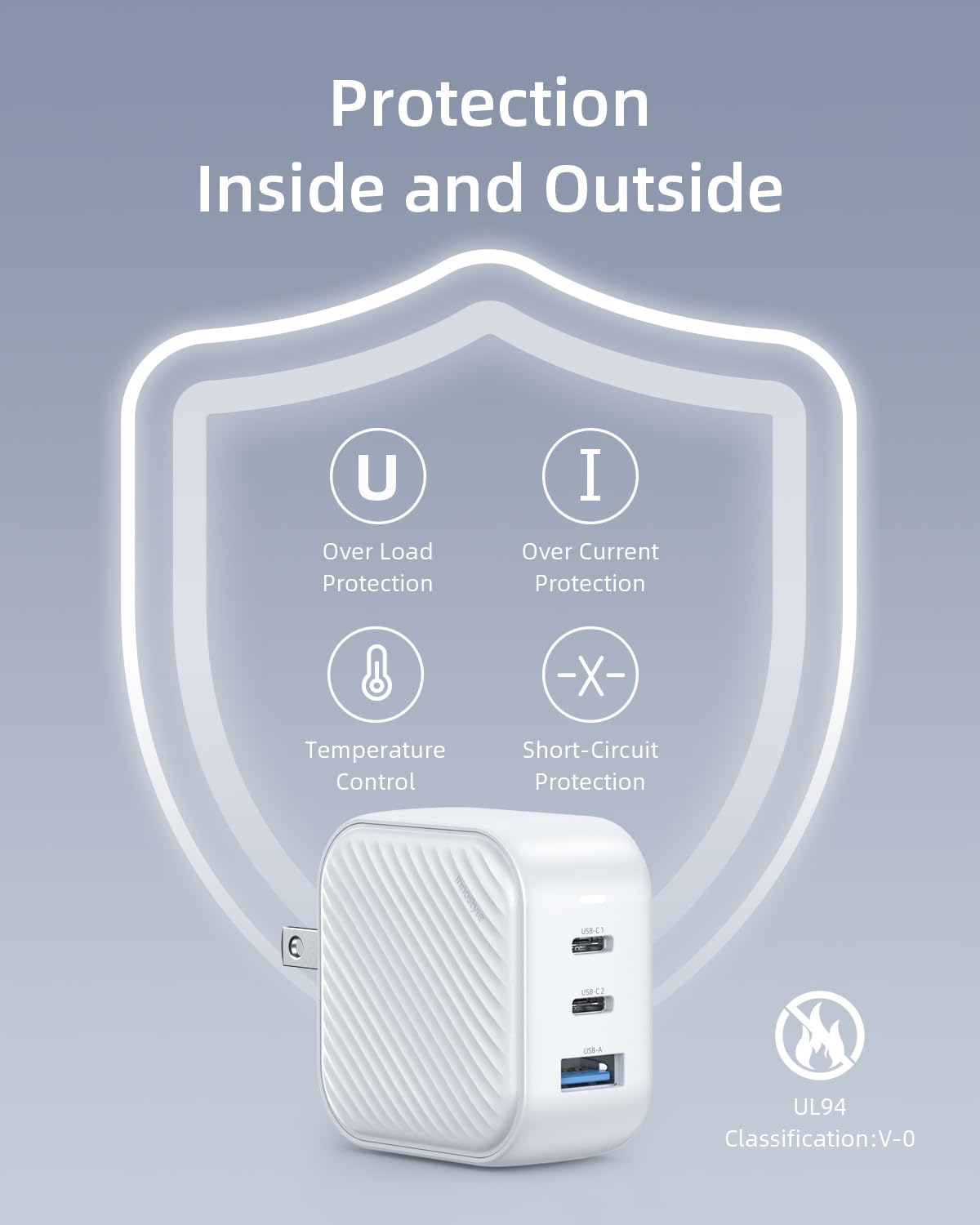 Cargador Innostyle Mini Cube GAN 65W, 3 Puertos USB-A y USB-C, Carga Rápida, Viaje, Enchufe Switch-and-go, Compacto y Eficiente, Compatible con iPhone, Galaxy, iPad.