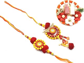 Raksha Bandhan Rakhi for Brother and Bhabhi with Greeting Card | Combo Pack of Bhaiya Rakhi and Lumba for Bhabhi with Roli Chawal (Couple Rakhi-Lumbha-6-Roli Chawal)