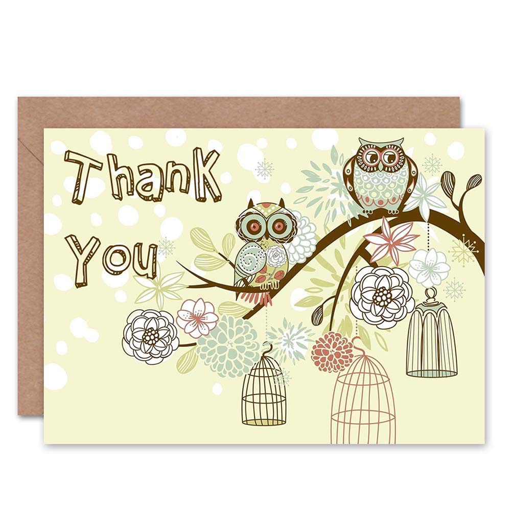 Wee Blue Coo THANK YOU CUTE OWL BRANCH CAGES BIRTHDAY GIFT BLANK GREETINGS CARD
