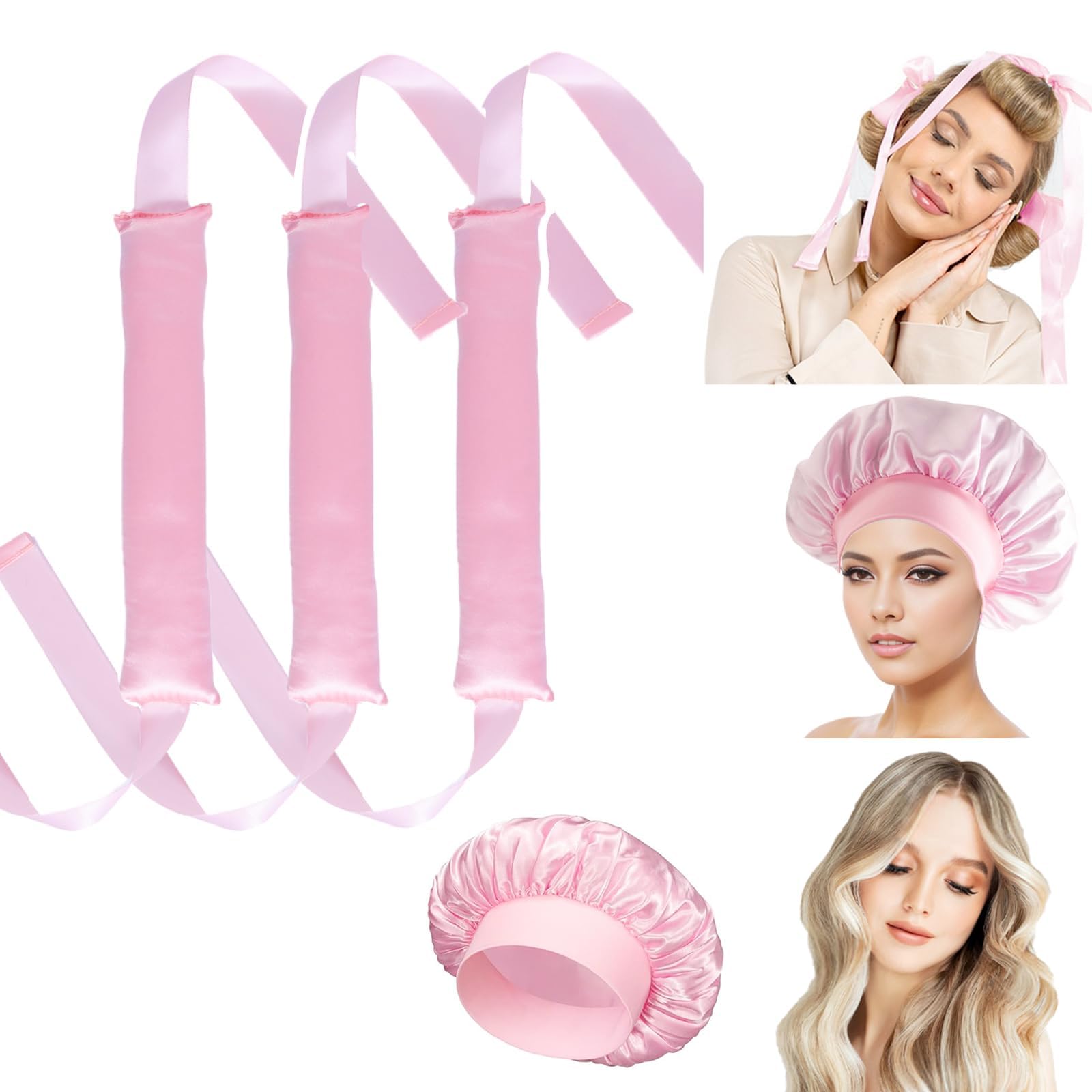 Azonee 3 PCS Heatless Curlers, 1 PCS Sleeping Bonnet Set,Overnight Blowout Rods for Long Hair,Satin Hair Curlers No Heat Heatless Curling Rod with Ribbon Design for Women Teenage Girls