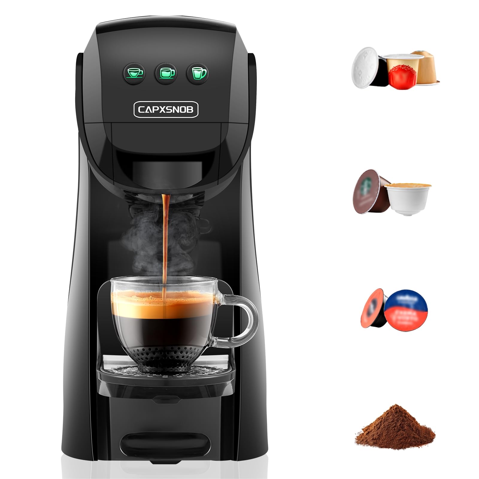 Warriors1 Macchina da Caffè a Capsule 4-in-1 per Nespresso Original, Lavazza A Modo Mio, Dolce Gusto e Caffè Macinato, 20 bars, 0,82 L, Calore e Quantità Regolabili, Macchina Caffe per Casa e Ufficio