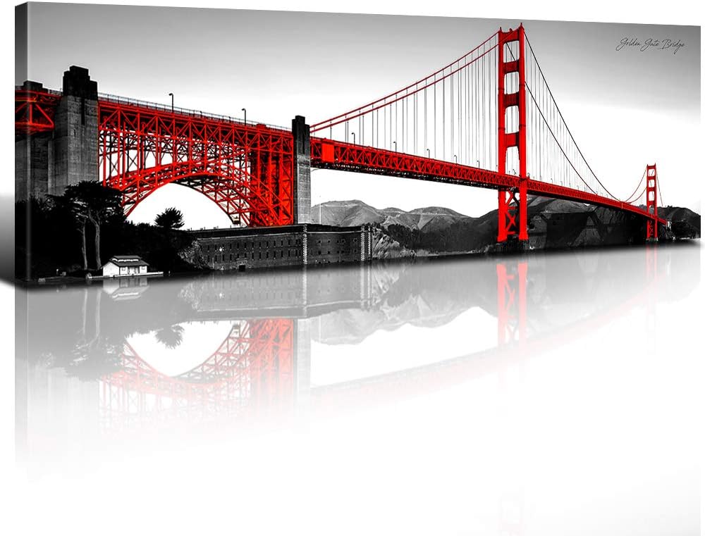 San Francisco Golden Gate Bridge Wall Art Modern Canvas Prints Cityscape Pictures for Living Room Bedroom Decor Red Black and White California City Wall Paintings Artwork Office Home Decorations