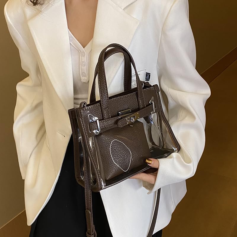 Tote Bag for Women PVC Clear Plastic Handbags PU Leather Shoulder Crossbody Bags Jelly Bags Purses(Coffee)3
