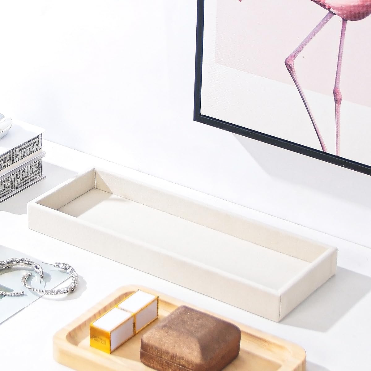 Divided Drawer Organizer Tray, Velvet Jewelry Storage Tray, Necklace Bracelet Ring Earring Display Tray,Bedside Nightstand Desk Holder Tray for Phone Watch Sunglasses Cosmetics Storage/Beige/1grid