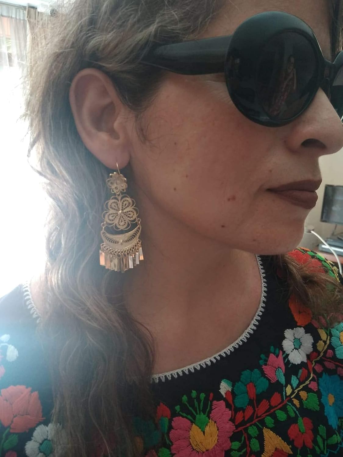 Mexican Chandelier Lightweight Earrings for Women and Girls, Traditional Handmade Oaxaca Floral Filigree Gold Yellow Jewelry