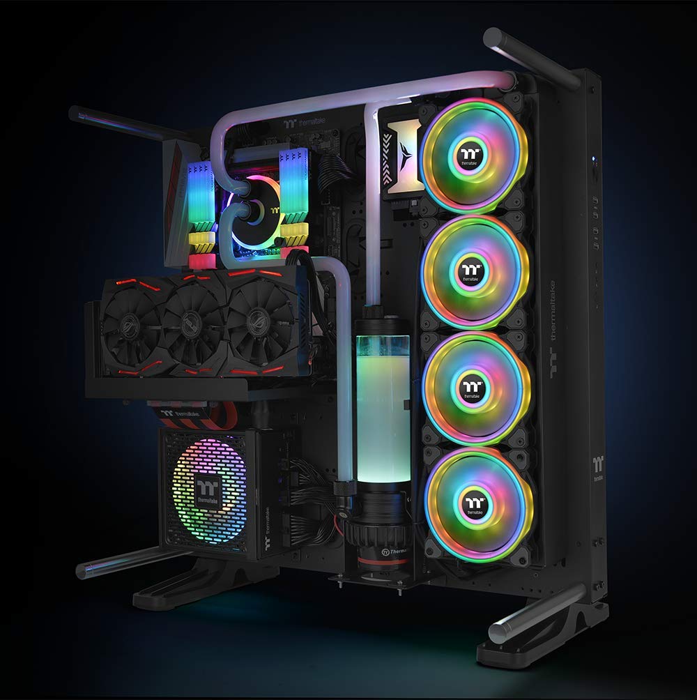 Thermaltake Riing Quad CL-F089-PL14SW-B - Ventola per radiatore, 4 anelli luminosi, 16,8 milioni di colori RGB (Alexa, Razer Chroma), con 54 LED indirizzabili, 9 pale, confezione da 3