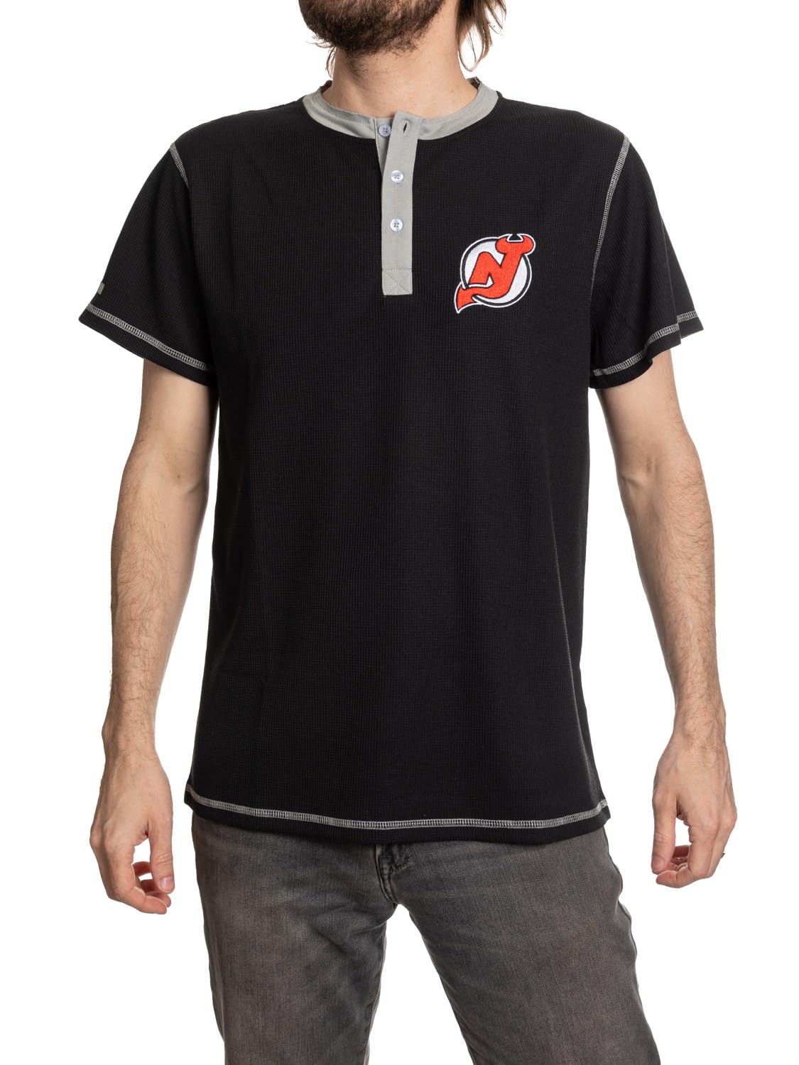 Calhoun NHL Surf & Skate Mens Short Sleeve Henley Waffle Shirt (New Jersey Devils, X-Large)